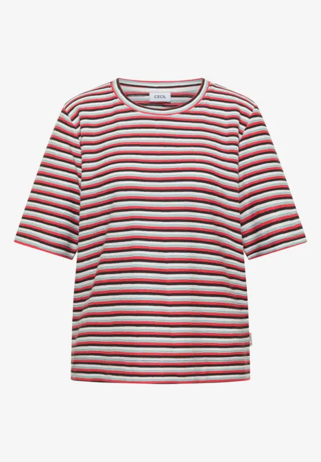 Gestreiftes T-Shirt mit rot-weiß-schwarzen Streifen und halblangen Ärmeln.
