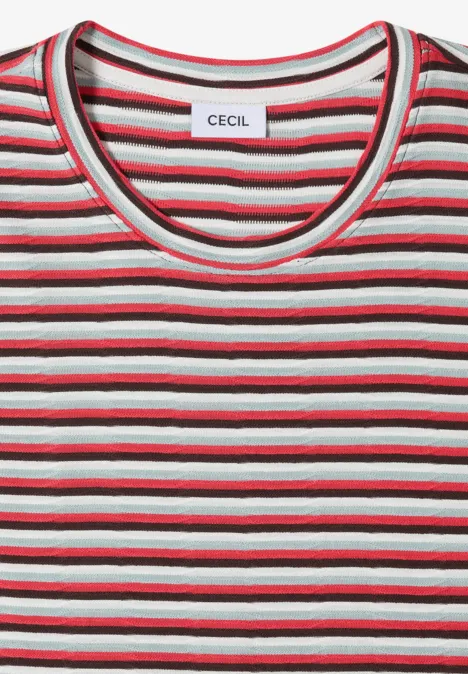 Rotes, weißes und graues gestreiftes T-Shirt mit Rundhalsausschnitt.