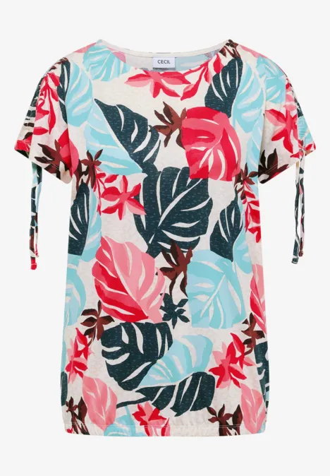 Blouse légère à motif tropical de fleurs et de feuilles rose, turquoise et noir, manches courtes à nouer.