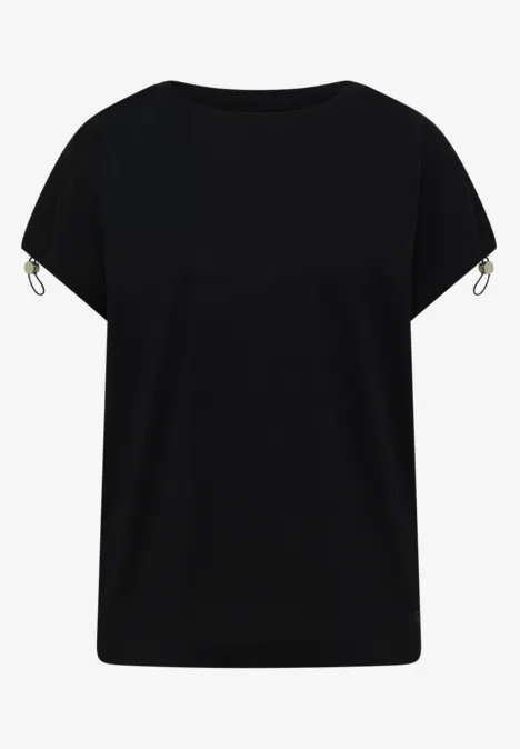 Schwarzes T-Shirt mit kurzem Arm, Rundhalsausschnitt und Reißverschlüssen an den Ärmeln.