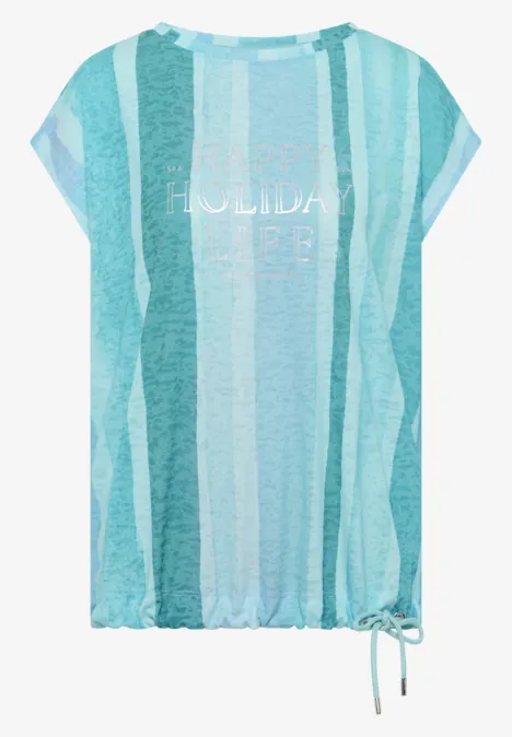 T-shirt femme ample à rayures verticales turquoise et aqua, manches chauve-souris et cordon de serrage à la taille.