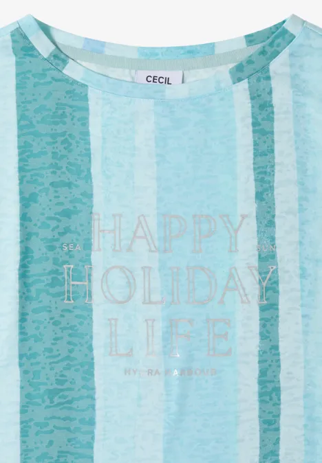 T-shirt blanc à rayures bleu clair avec l'inscription 'HAPPY HOLIDAY LIFE'.