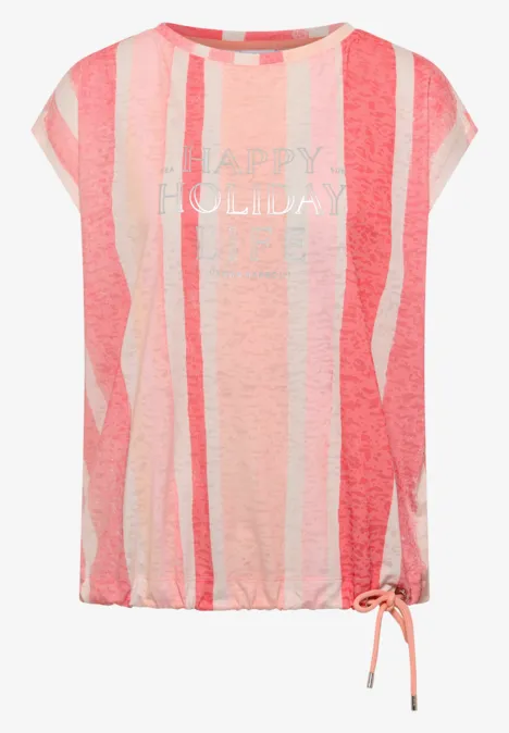 T-shirt ample manches courtes à rayures roses et pastels, imprimé 'HAPPY HOLIDAY' et cordon latéral au bas.