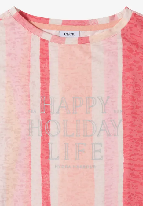 T-shirt rayé rose et blanc avec l'inscription 'HAPPY HOLIDAY LIFE' et étiquette 'CECIL'.