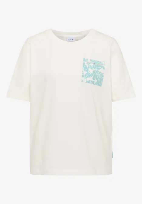 T-Shirt mit Rundhals und Brusttasche vanilla white Weißes T-Shirt mit Kurzarm und türkisblauer Brusttasche mit Blumenmuster.