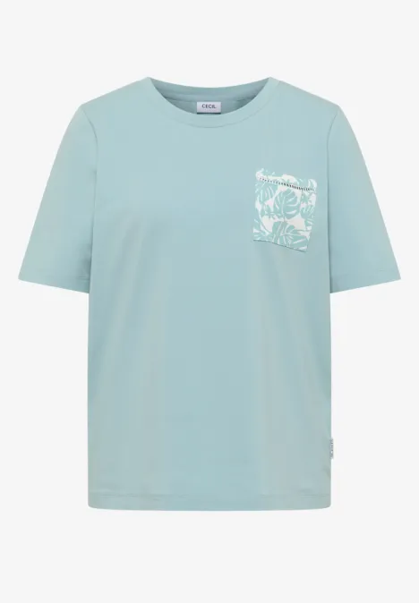 Mintfarbenes Kurzarm-T-Shirt mit Rundhalsausschnitt und Brusttasche mit dezentem Print.