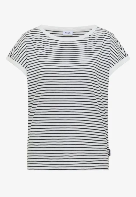 Weißes T-Shirt mit dünnen schwarzen Querstreifen, kurzen umgeschlagenen Ärmeln und rundem Halsausschnitt.