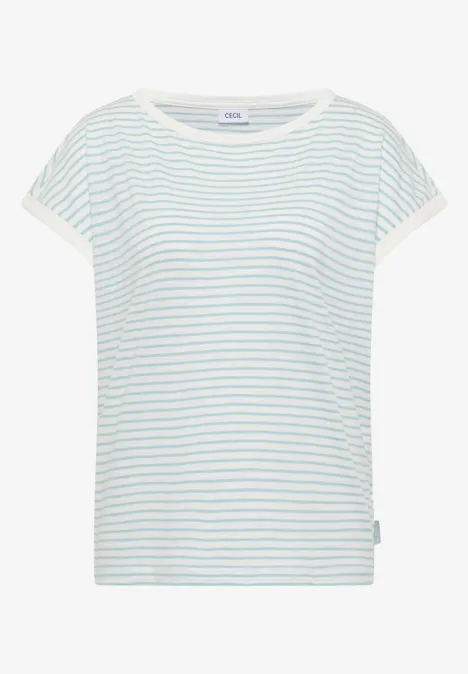 T-shirt féminin blanc à manches courtes avec fines rayures horizontales bleu clair.
