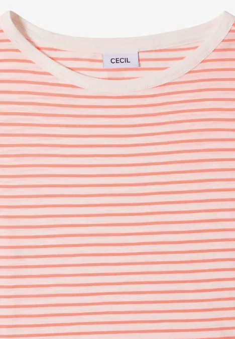 Dames T-shirt met korte mouwen, wit met fijne roze strepen en ronde hals