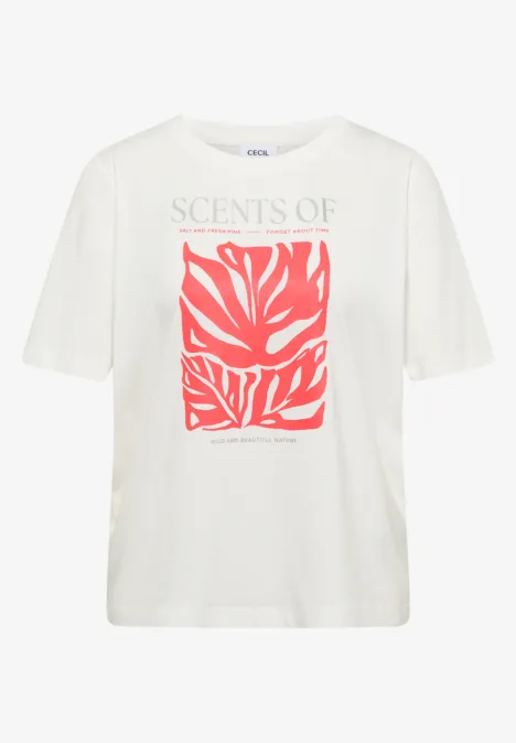 Wit T-shirt met rood bladmotief en de tekst ‘SCENTS OF’ op de voorkant.