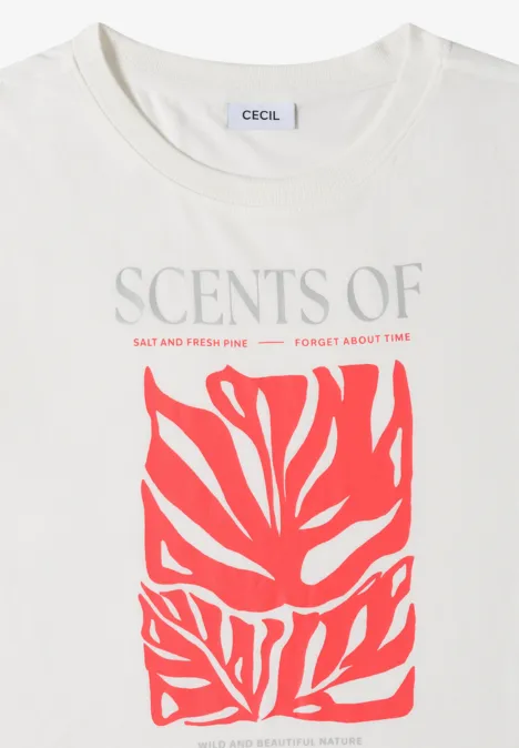 Shirt met ronde hals en print op de voorkant vanilla white Wit T-shirt met "SCENTS OF"-opschrift, kleine tekst en rood bladmotief.