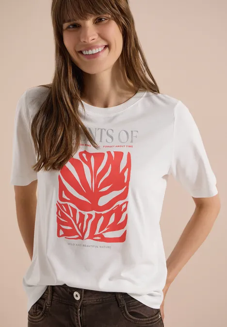 Shirt met ronde hals en print op de voorkant vanilla white Vrouw met een wit t-shirt met rood abstract bladmotief en grijze tekst.