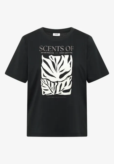 Schwarzes T-Shirt mit weißem Zebra-Muster und Schriftzug ‚SCENTS OF‘