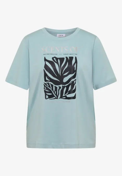 Hellblaues T-Shirt mit abstraktem schwarz-weißen Motiv vorn und lockerem Schnitt