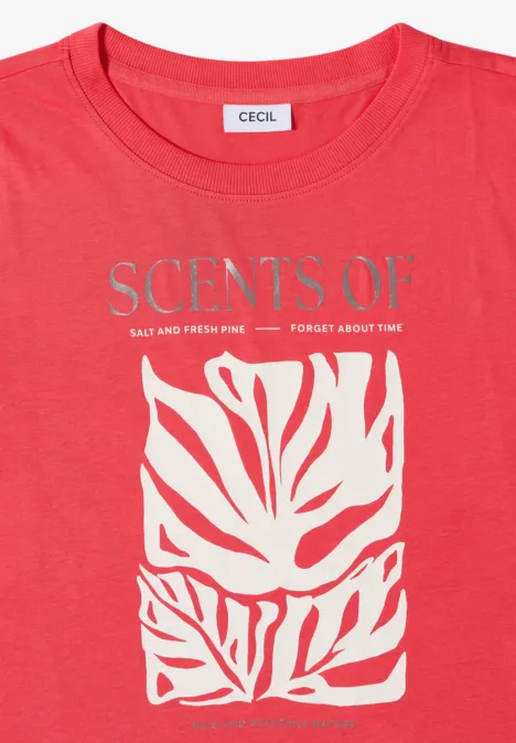T-Shirt mit Rundhals und Frontprint coral Rotes T-Shirt mit Aufdruck 'SCENTS OF' und weißem, abstraktem Blattmuster.