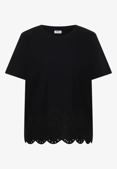 Schwarzes Kurzarmshirt mit Rundhalsausschnitt und besticktem, gewelltem Saum.