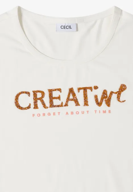 Weißes T-Shirt mit glitzerndem Schriftzug "CREAT'IVE" und Zusatz "FORGET ABOUT TIME"