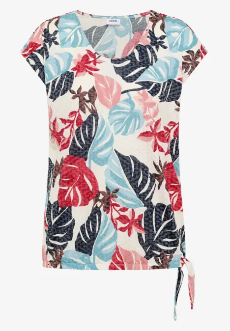 Weißes Damen-Shirt mit kurzärmeligem, buntem Tropenblätter- und Blumenmuster und seitlicher Schleife.