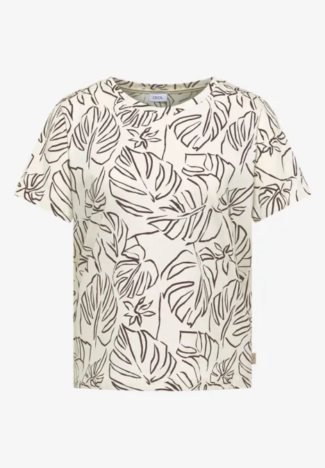 T-Shirt mit Rundhals und Blätterprint light alabaster white Weißes T-Shirt mit kurzen Ärmeln und großem, olivgrünen Monstera-Blatt-Muster.