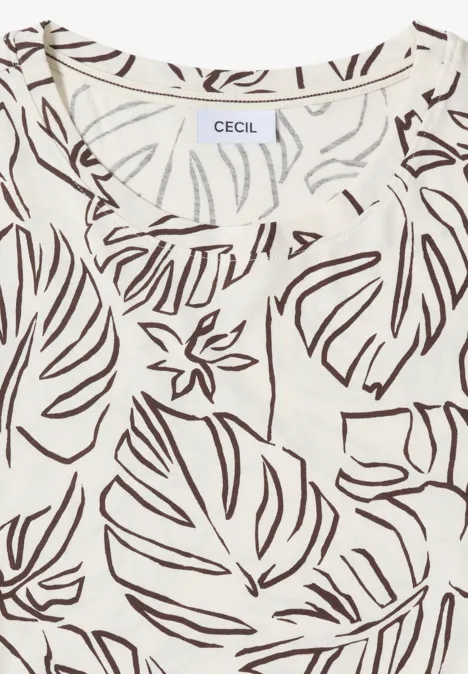 T-Shirt mit Rundhals und Blätterprint light alabaster white Ein cremefarbenes Kurzarmshirt mit braunem tropischem Blattmuster und Rundhalsausschnitt.