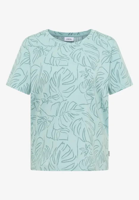 Ein mintfarbenes T-Shirt mit tropischem Blätterprint.