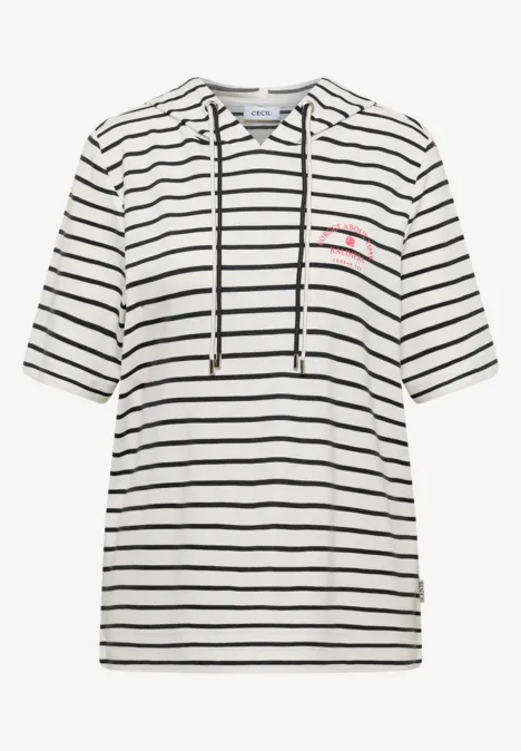 Hoodie met korte mouwen en strepen vanilla white Wit-zwart gestreept T-shirt met capuchon, korte mouwen en koordjes
