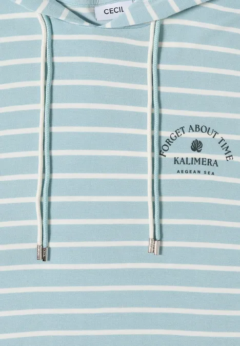 Hoodie met korte mouwen en strepen crystal mint Lichtblauwe hoodie met witte strepen, koordjes, CECIL-label en borstprint 'FORGET ABOUT TIME KALIMERA'