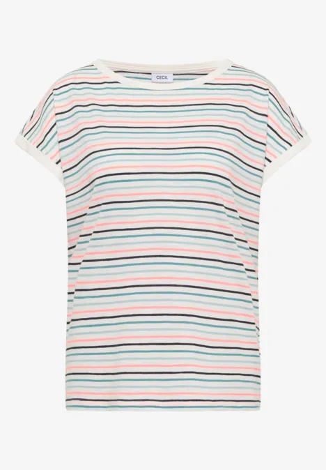 T-Shirt mit Boat Neck und Turn-Up-Detail vanilla white Weißes T-Shirt mit kurzen Ärmeln und bunten horizontalen Streifen.