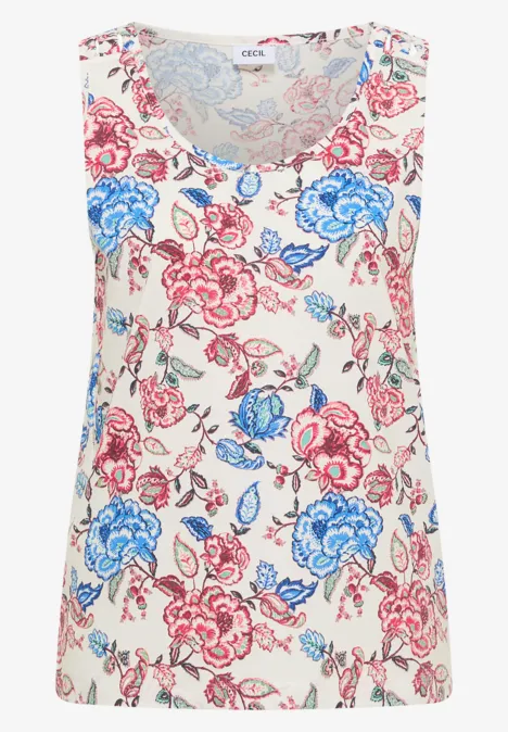 Ärmelloses Top in Creme mit rot-blauem Blumenmuster