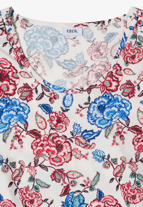 Weißes ärmelloses Damen-Top mit buntem Blumenmuster in Rot, Blau und Rosa.