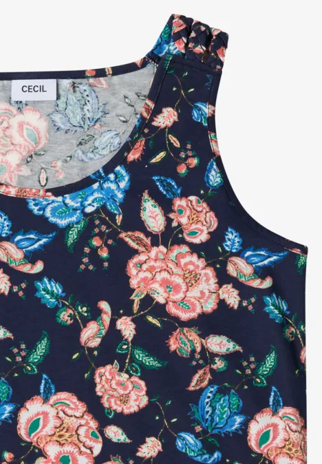 Ärmelloses Top in dunkelblau mit buntem Blumenmuster.