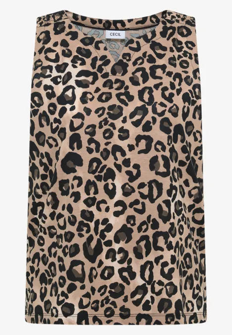 Ärmelloses Top mit beige-schwarzem Leopardenmuster.