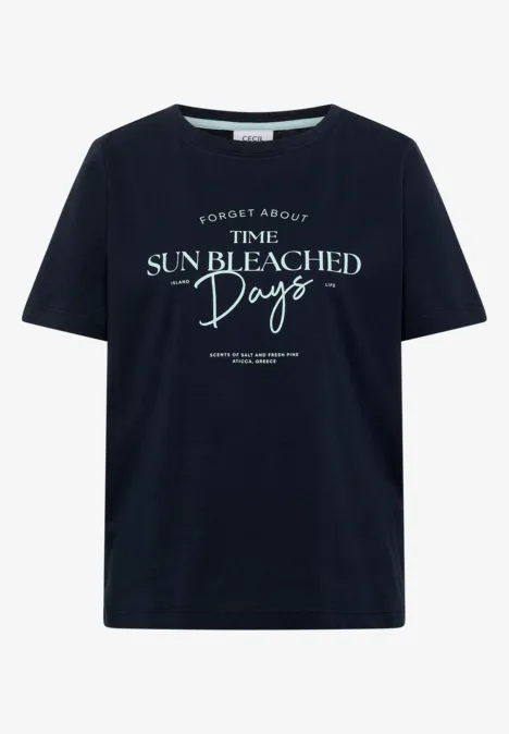 Schwarzes T-Shirt mit weißem "Forget about time sun bleached days"-Schriftzug.