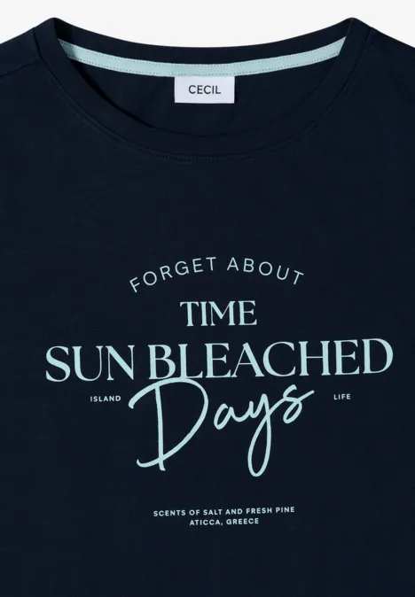 Shirt met boothals en Wording Artwork universal blue Donkerblauw T-shirt met witte print »Forget About Time Sun Bleached Days«.