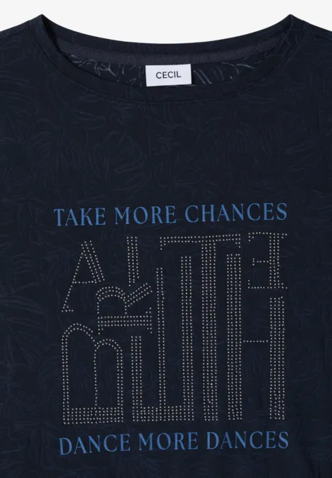 Shirt met burn-out look universal blue Donker T-shirt met CECIL-label, opdruk 'TAKE MORE CHANCES', grafisch patroon en 'DANCE MORE DANCES'