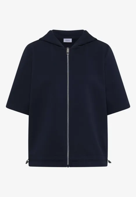 Dunkelblaue Kapuzenjacke mit kurzem Arm und silbernem Reißverschluss.