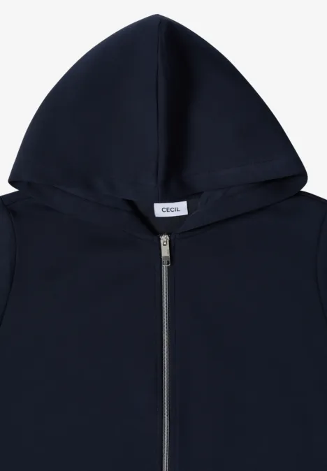 Dunkelblaue Kapuzenjacke mit Reißverschluss und schlichtem Design.