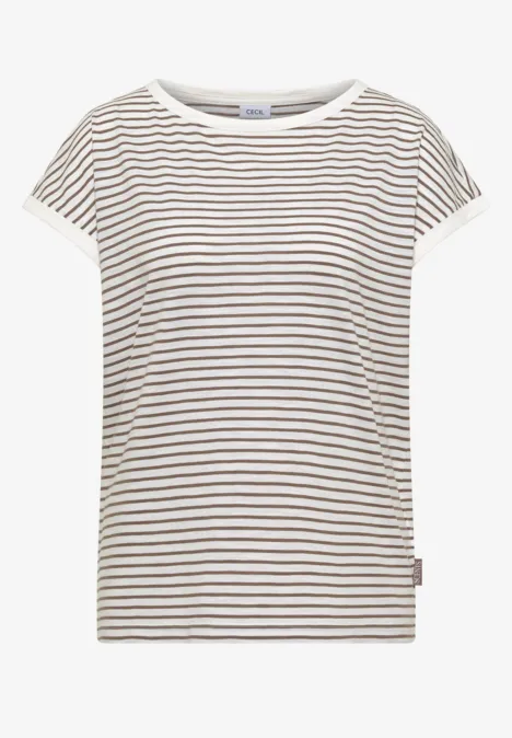 Wit T-shirt met korte mouwen en smalle bruine horizontale strepen.