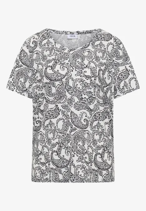 T-Shirt mit Rundhals und Muster Black Weißes Kurzarm-Shirt mit schwarzem Paisley-Muster.