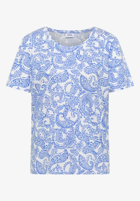 T-shirt blanc à motif paisley bleu