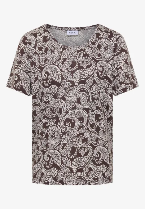 Braun-weißes T-Shirt mit verspieltem Paisley-Muster.