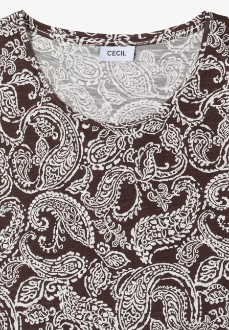 Braun-weißes Top mit filigranem Paisley- und Blumenmuster und Rundhalsausschnitt.
