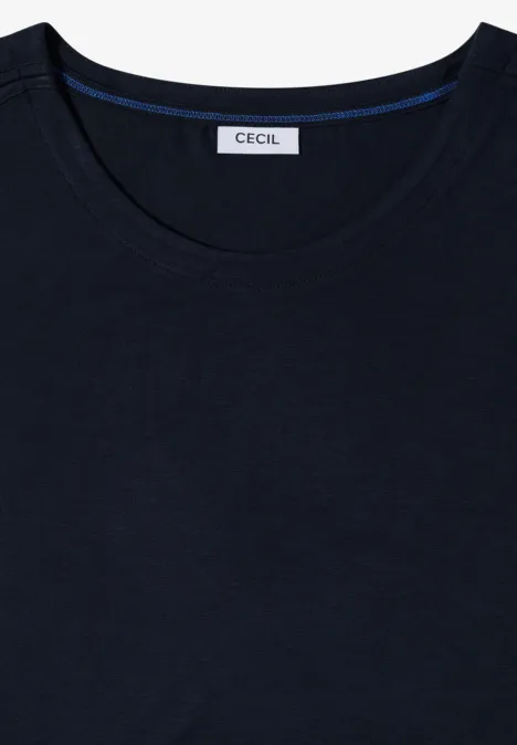 T-shirt à épaules tombantes avec découpe universal blue Un t-shirt uni bleu foncé à col rond, avec l’étiquette 'CECIL' dans le dos du col.