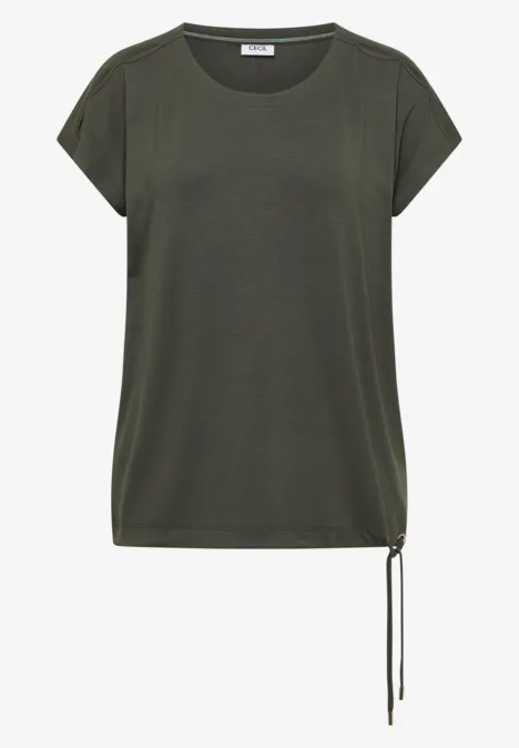 Shirt met afhangende schouders en uitgesneden detail khaki Een eenvoudig olijfgroen T-shirt met korte mouwen en een koordsluiting aan de zijkant.