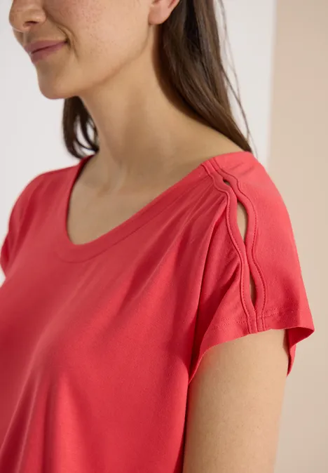 T-shirt à épaules tombantes avec découpe coral Femme en haut rouge corail avec encolure arrondie et ouverture décorative à l'épaule