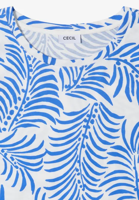 Weißes Shirt mit blauem Tropenblattmuster und rundem Ausschnitt