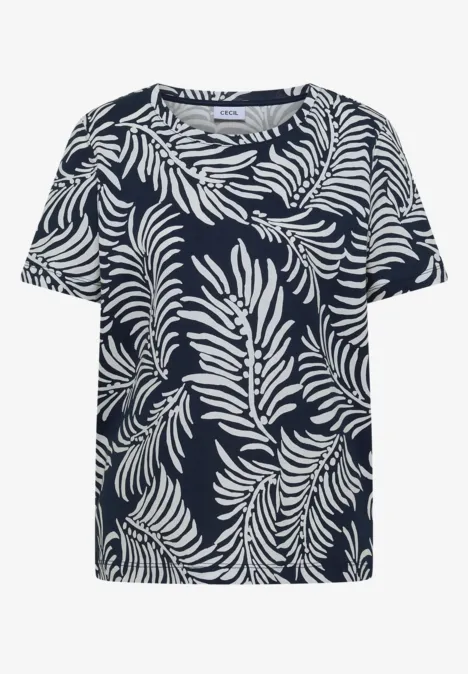 Marineblaues T-Shirt mit weißem Blattmuster