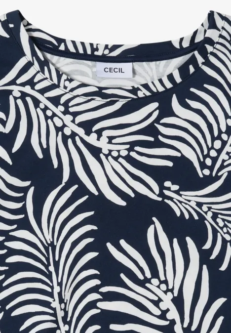 Dunkelblaue Bluse mit weißem Blattmuster, elegant und sommerlich.