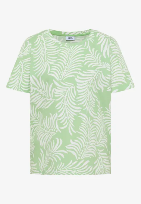 Hellgrünes T-Shirt mit weißem tropischem Blättermuster.
