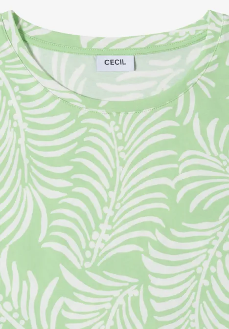 Pastellgrünes T-Shirt mit weißem Tropenblattmuster und 'CECIL'-Etikett